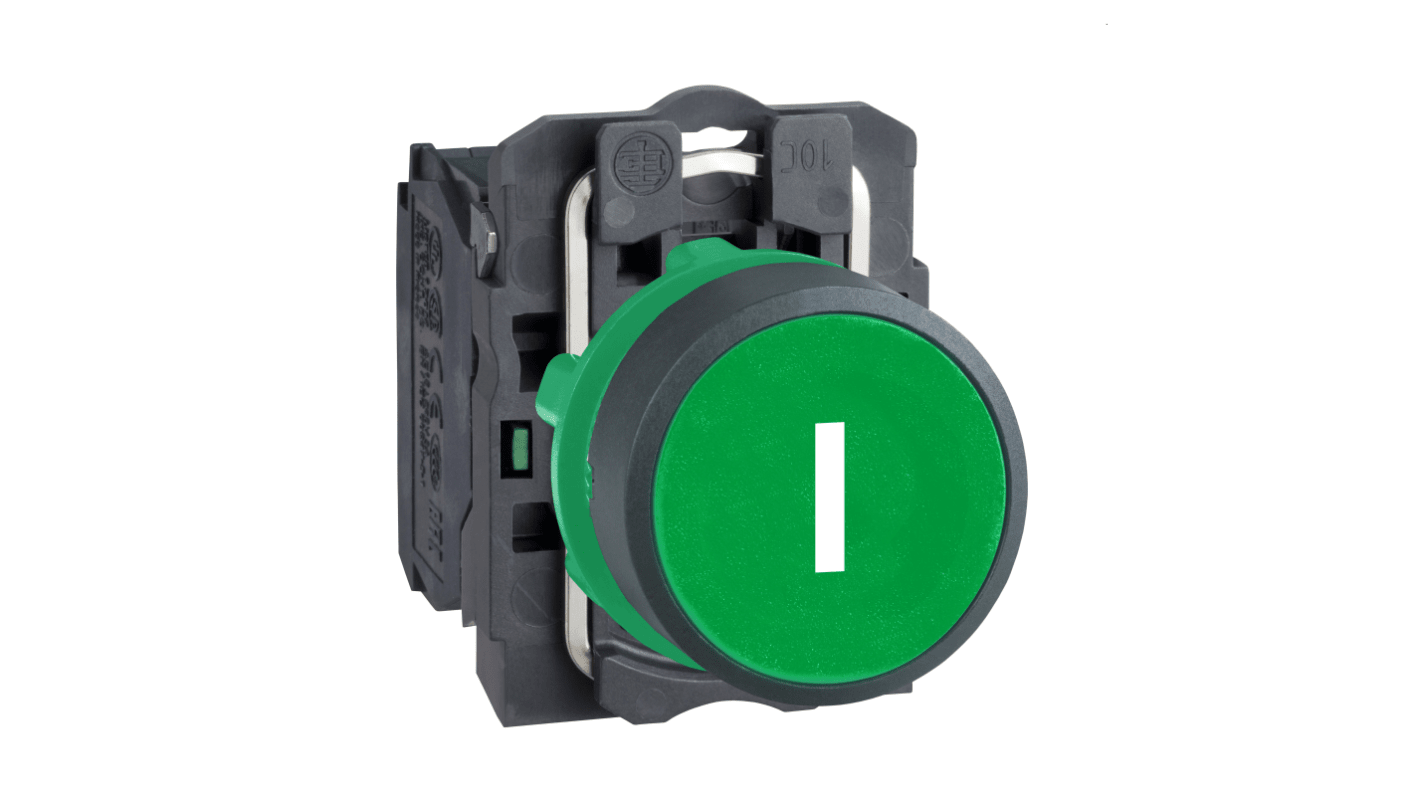 Pulsante rotondo verde Schneider Electric XB5AA3311, montaggio a pannello 22mm, contatto SPST, tensione max 600V.