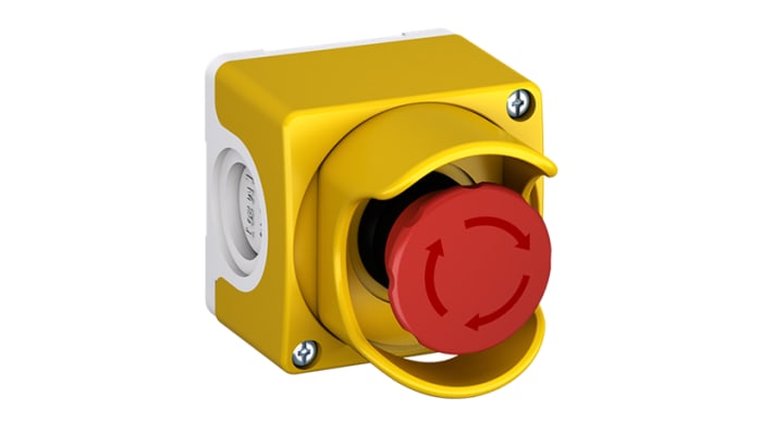 Pulsante di arresto di emergenza ABB CEPY1-1001, montaggio superficiale, rosso con custodia gialla, protezione IP66/IP67/IP69K.