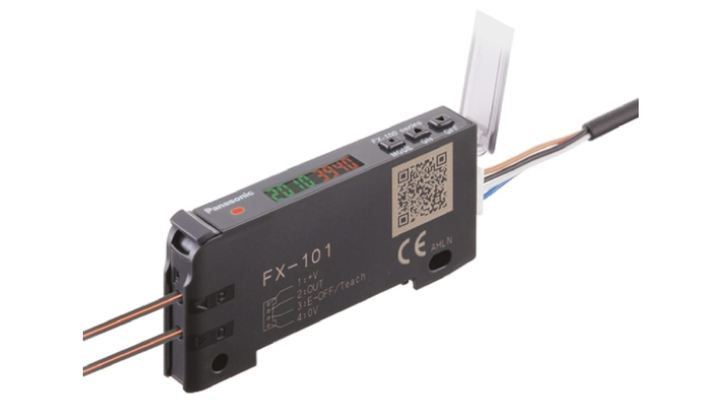Sensore PNP per fibre ottiche Panasonic FX-101P-CC2, alimentazione 12-24 V c.c., dimensioni 64,5 x 9 x 30 mm.