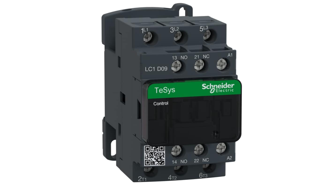 Contattore Schneider Electric LC1D12U7, 3 poli, 12 A, 5,5 kW, montaggio a pannello, dimensioni 77x45x84 mm.