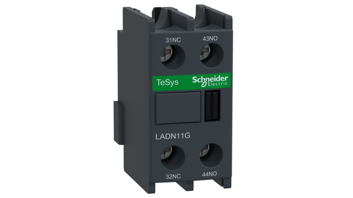 Blocco di contatti ausiliari Schneider Electric LADN11G, 2 contatti (1 N/C + 1 N/A), montaggio frontale, corrente 10 A, tensione 690 V.