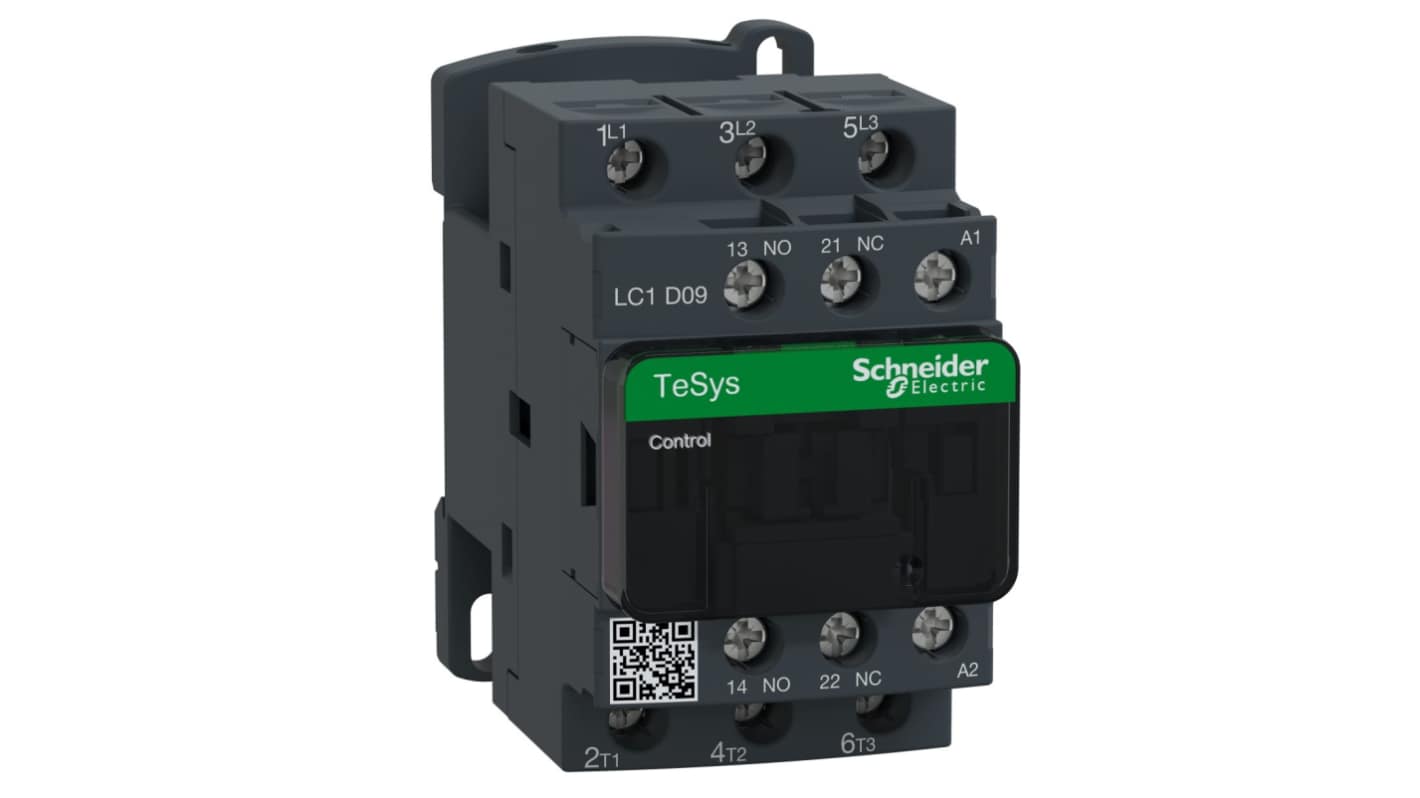 Contattore Schneider Electric LC1D09N7, 3 poli, 9 A, 400 V c.a., montaggio su guida DIN, dimensioni 45x77x84 mm.