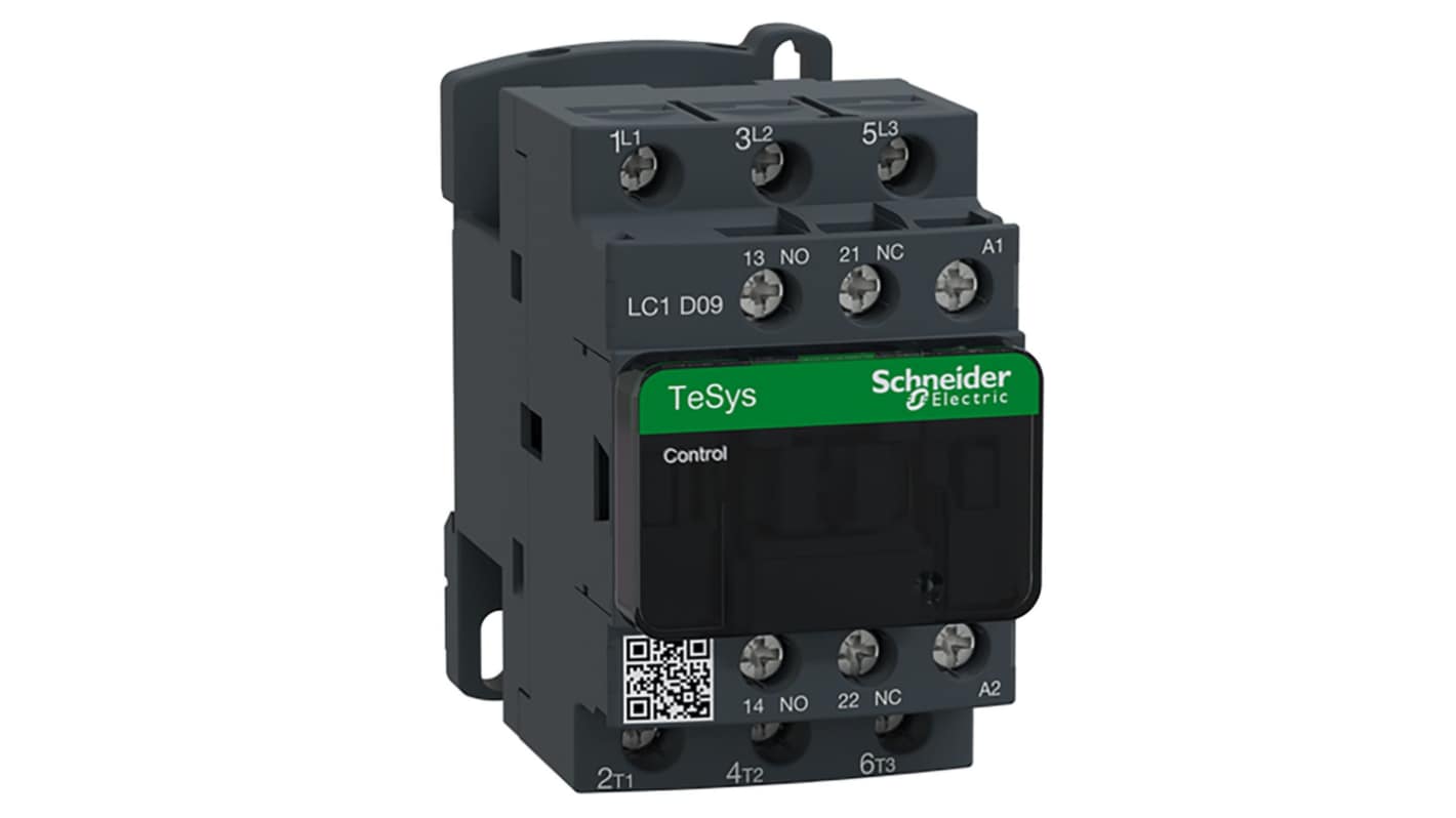 Contattore Schneider Electric LC1D09U7 per controllo motori, 3 poli, 9 A, montaggio su guida DIN, dimensioni 45 mm, IP20.