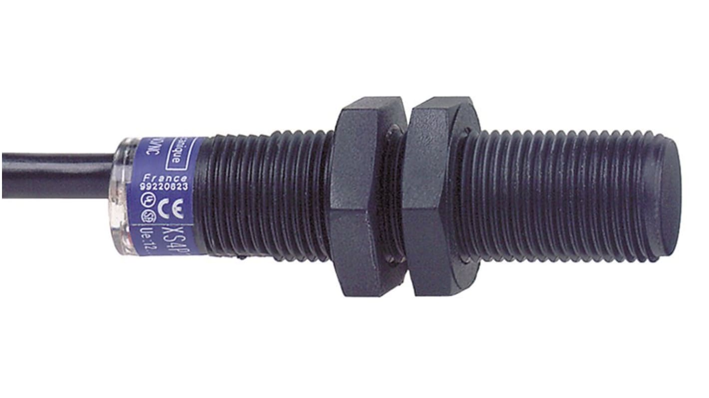 Sensore di prossimità cilindrico Telemecanique Sensors XS4P12AB110, M12, rilevamento a 4 mm, IP67, 24-48 V cc, corpo in plastica, 54 mm.