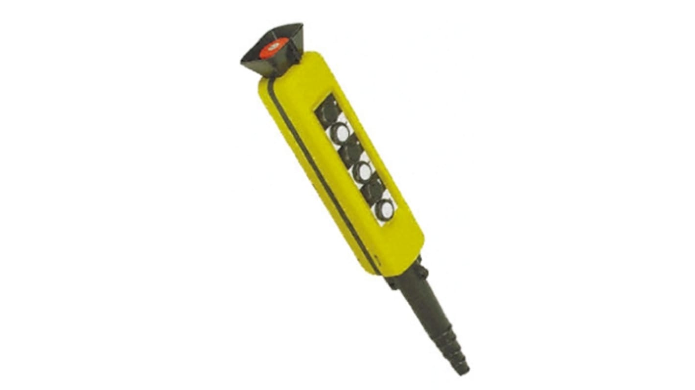 Stazione pensile a pulsante Schneider Electric XACA, custodia gialla IP65, 6 pulsanti, 10A, dimensioni 500 x 80 x 107 mm.