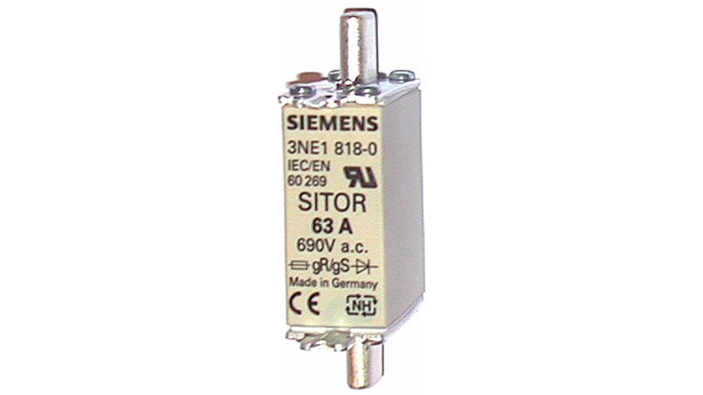 Fusibile NH000 Siemens 63A con contatti a lama, classe gS per protezione semiconduttori e cavi. Conforme a standard IEC 60269-2.