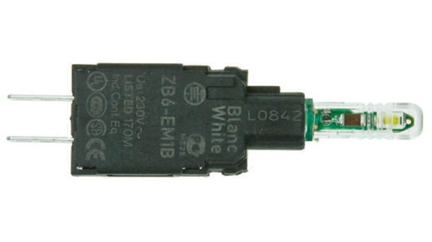 Blocco contatti luminoso LED verde Schneider Electric ZB6EM3B, tensione 230/240V, grado di protezione IP65, collare di fissaggio incluso.