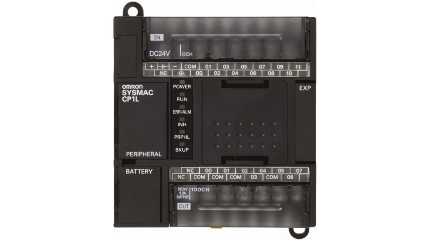Omron CP1L-L20DR-A, CPU PLC con 20 I/O, montaggio su guida DIN, dimensioni 86 x 110 x 85 mm, alimentazione 85-264 V.