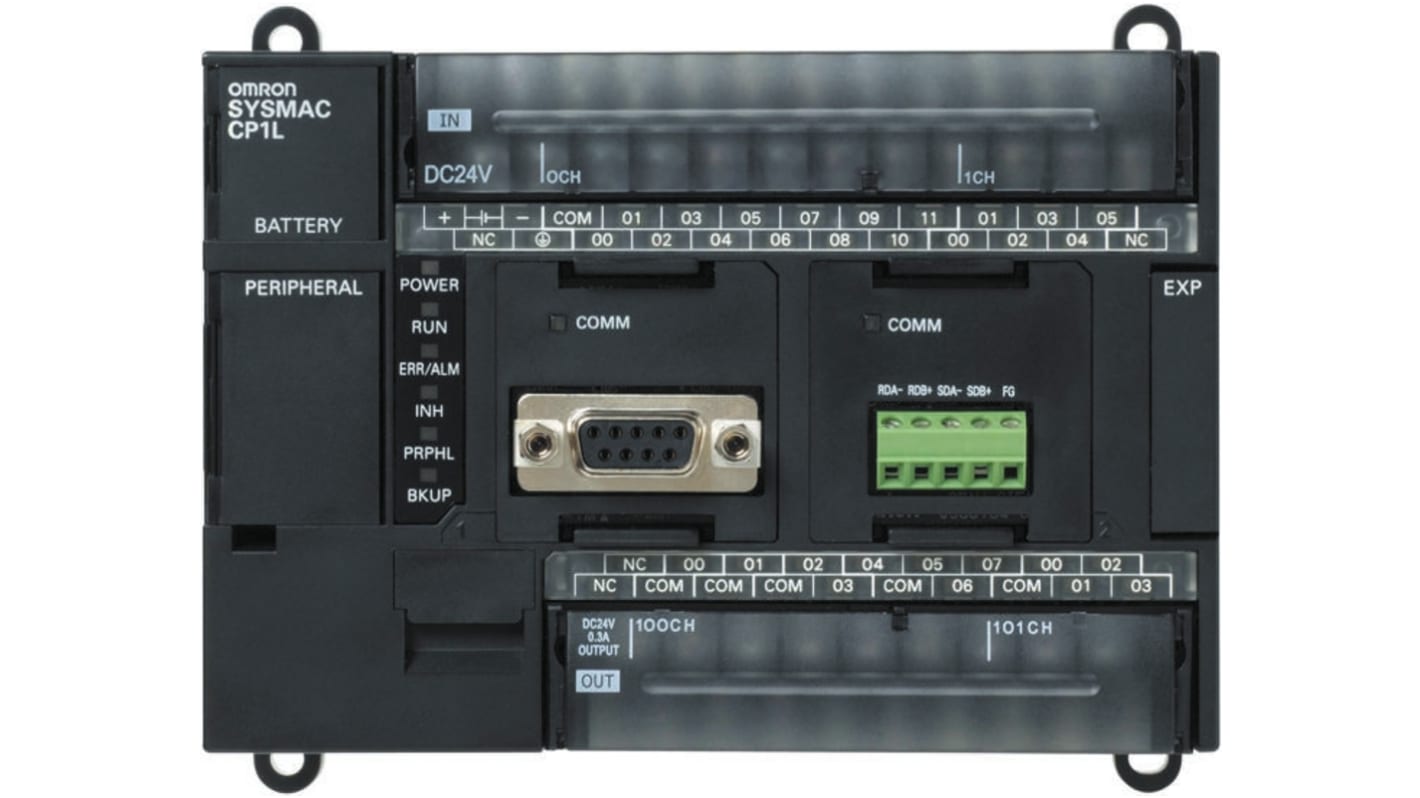 Omron CP1L-M30DT1-D, CPU PLC compatto con 18 ingressi, 12 uscite, alimentazione 20,4-26,4 V c.c., dimensioni 130 x 110 x 85 mm.