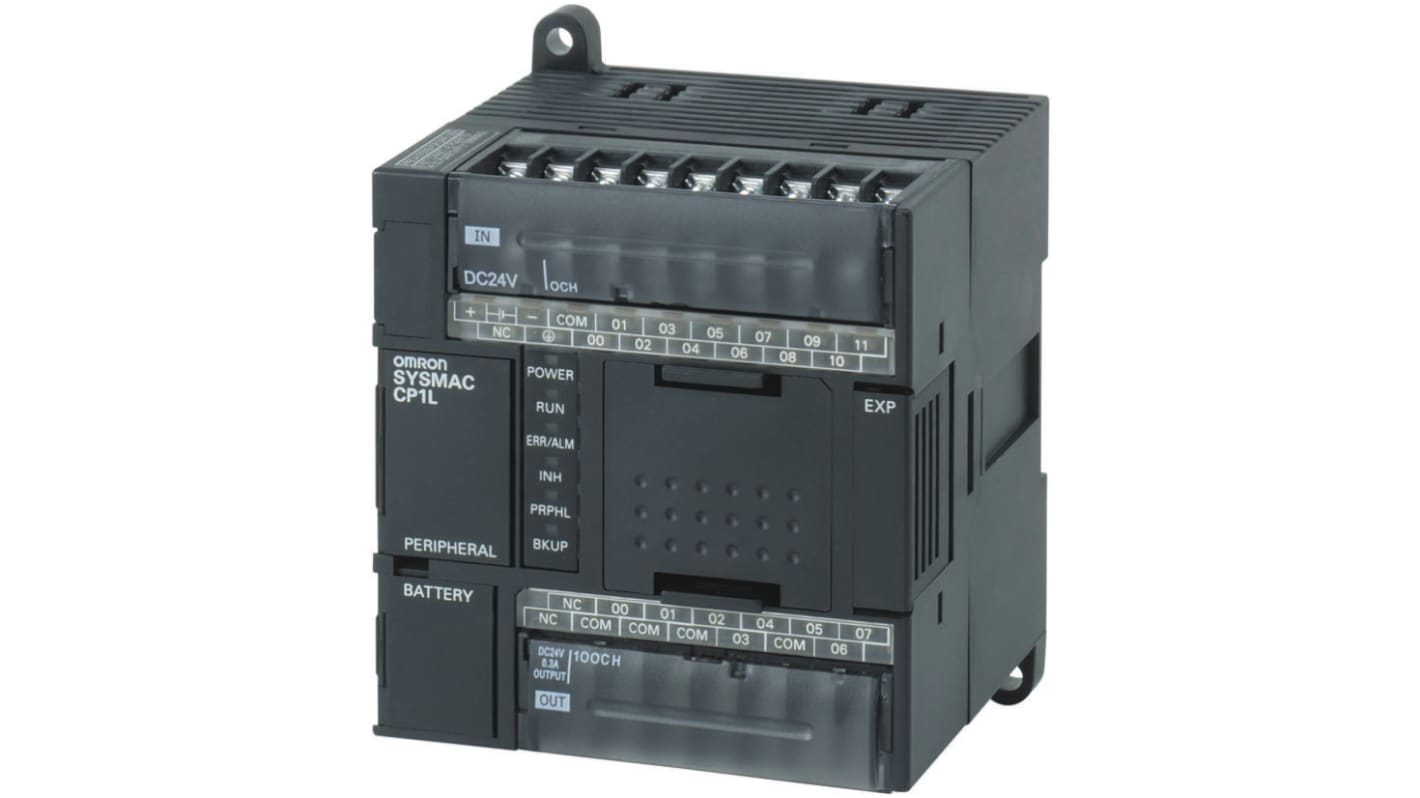 Omron CP1L-L20DT1-D, CPU PLC con 12 ingressi, 8 uscite, montaggio su guida DIN, dimensioni 86 x 110 x 85 mm.