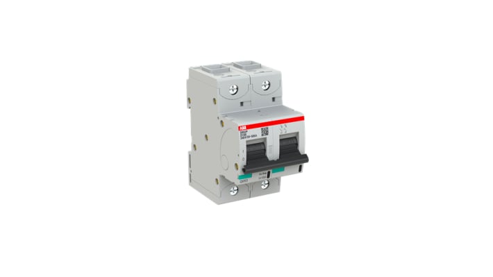 Interruttore magnetotermico ABB 2P Tipo D, 100A, montaggio su guida DIN, larghezza 53 mm, capacità di interruzione 36 kA.