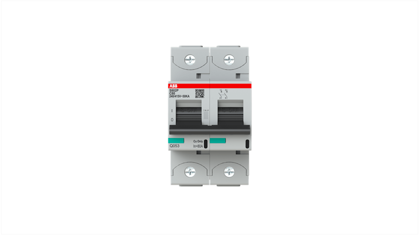 Interruttore magnetotermico ABB 2P Tipo C, 80A, montaggio su guida DIN, tensione 400-690V, conforme a IEC 60947-2.
