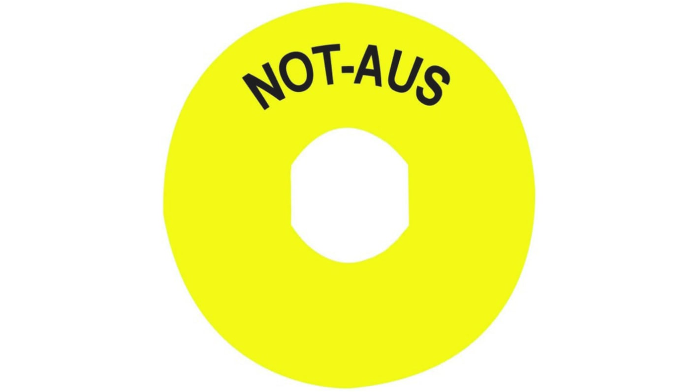 Piastra per legenda ABB, diametro 59 mm, in alluminio giallo con iscrizione nera, per arresto di emergenza, facile installazione.