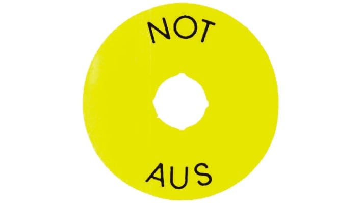 Piastra per legenda ABB, diametro 59 mm, in alluminio giallo con iscrizione nera, per arresto di emergenza, facile installazione.