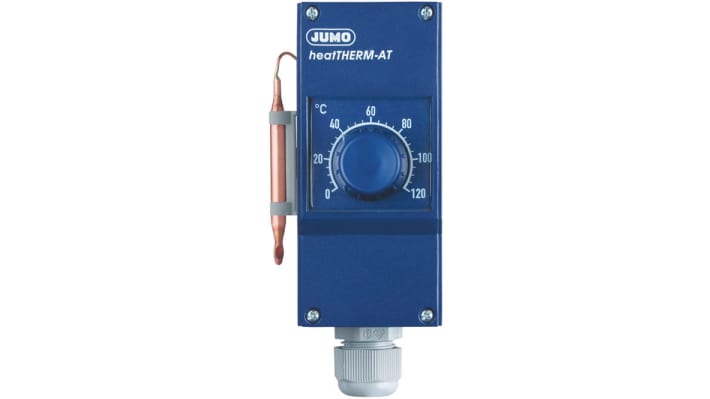 Termostato capillare Jumo, SPST, temperatura 0-120°C, montaggio superficiale, contatto 16A, grado di protezione IP54.