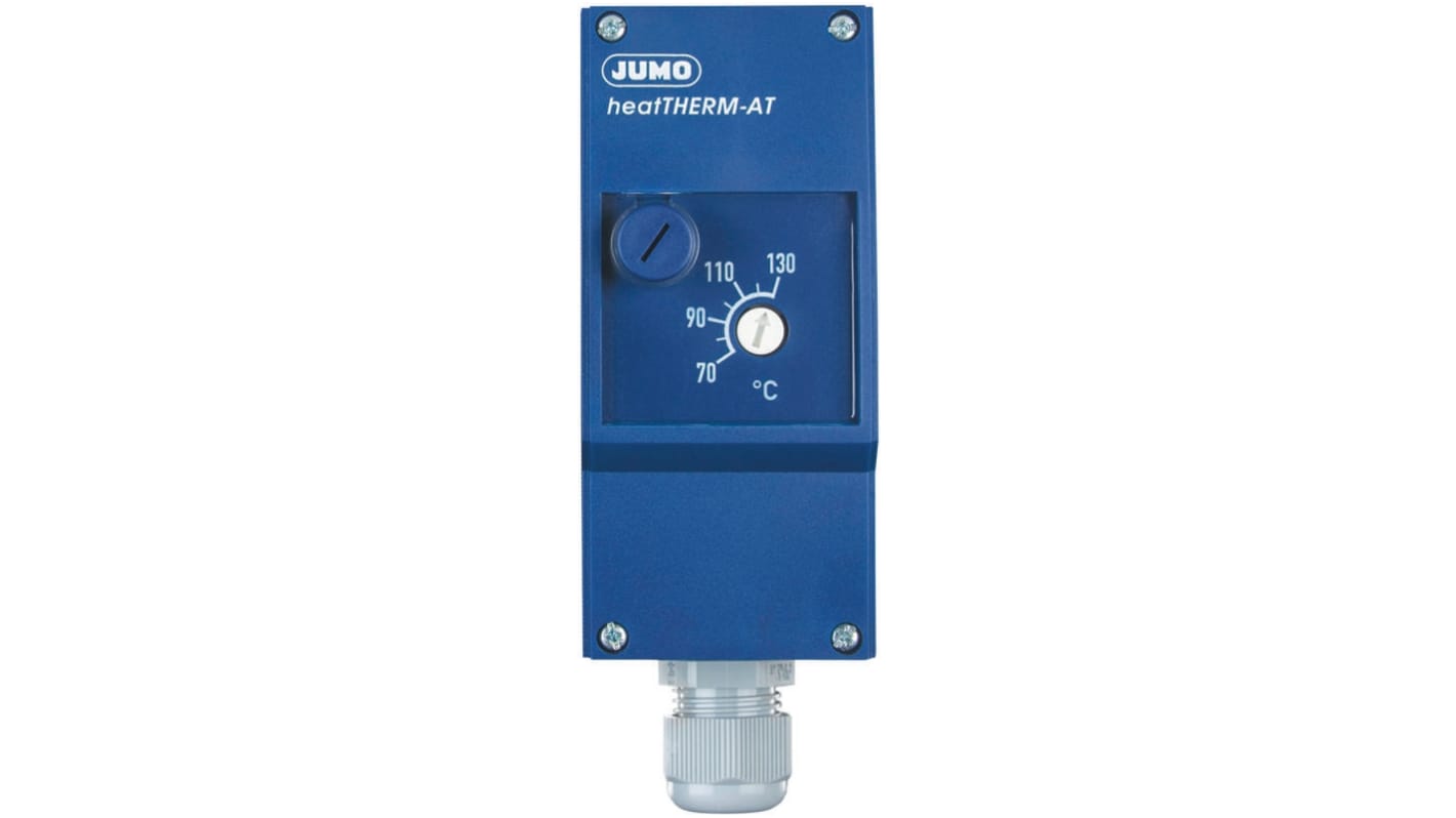 Termostato capillare Jumo, SPST, temperatura da +70°C a +130°C, montaggio superficiale, grado di protezione IP54.