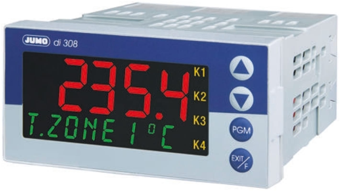 Indicatore di processo Jumo 701550/181-000-23/000, display LCD multicolore, dimensioni 48mm x 96mm, grado di protezione IP65.