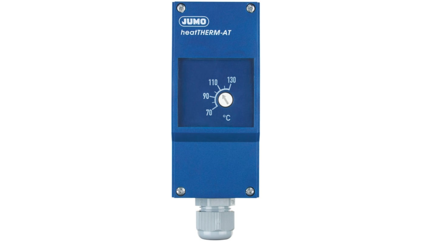 Termostato capillare Jumo, SPST, temperatura da +70°C a +130°C, montaggio superficiale, grado di protezione IP54.