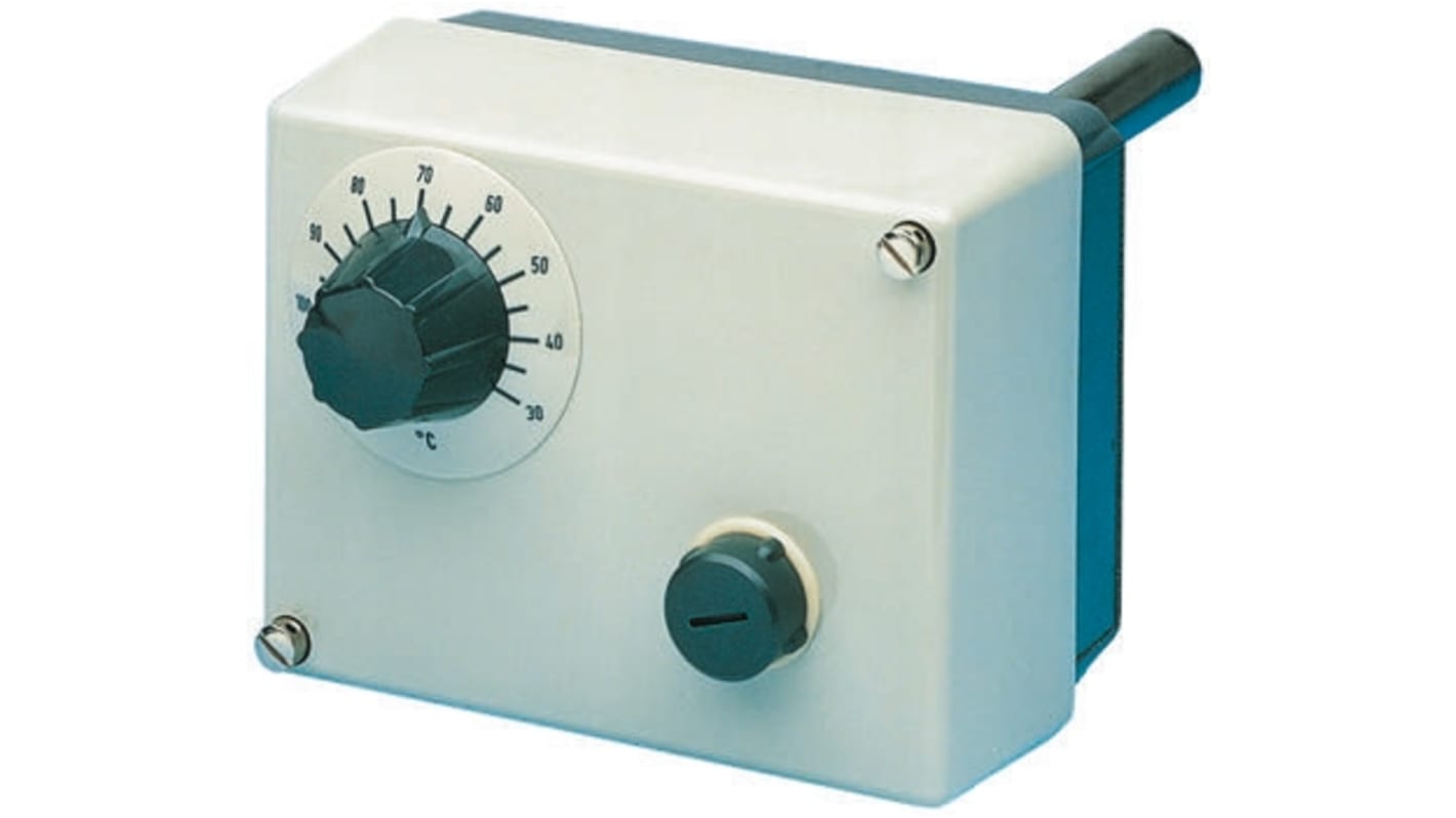 Termostato capillare Jumo, montaggio superficiale, temperatura da +30°C a +110°C, contatti NO/NC, grado di protezione IP54.