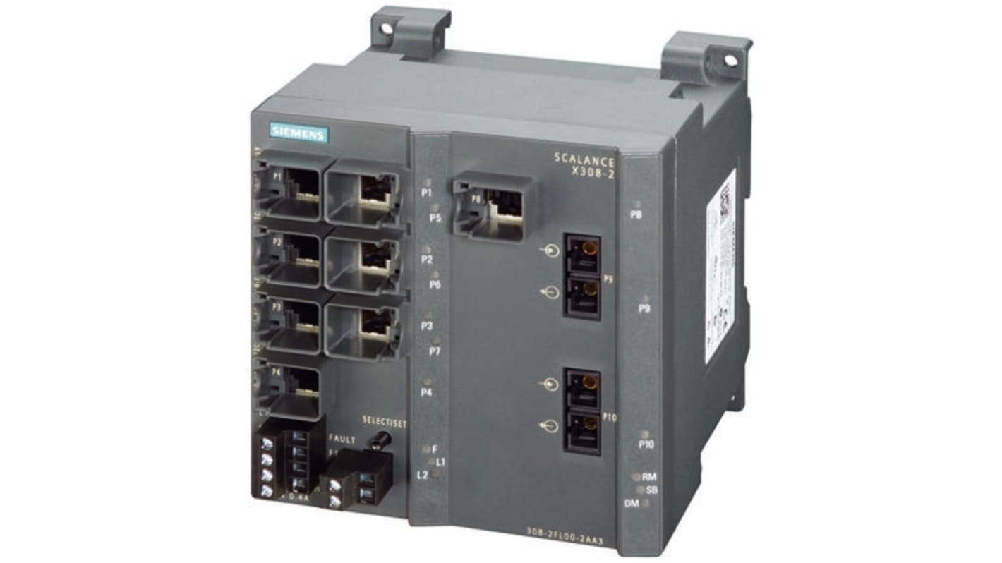 Modulo di connessione LAN Siemens 6GK5308-2FL10-2AA3 per Ethernet industriali, dimensioni 125 x 120 x 123 mm, con diagnosi LED e contatto di allarme.