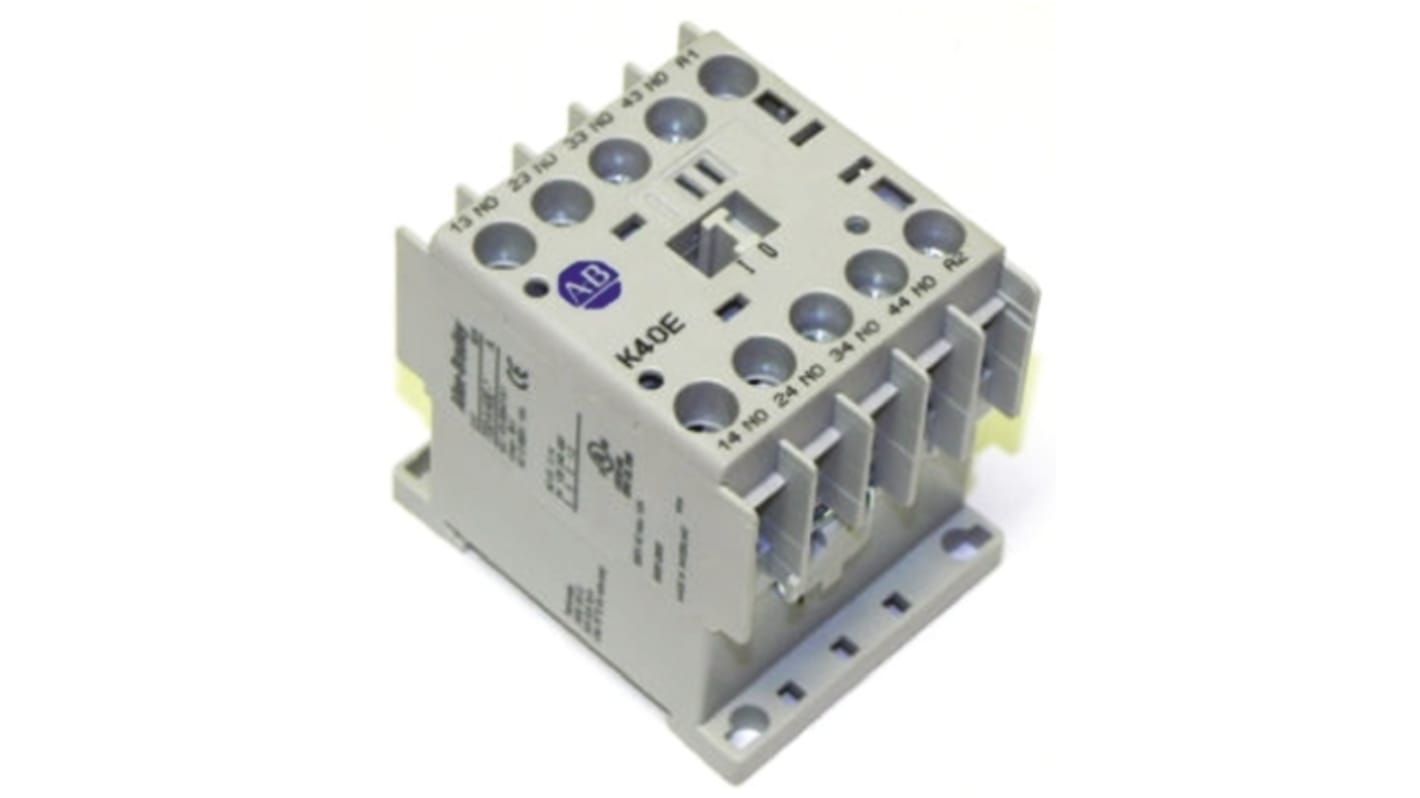 Contattore Allen Bradley 700-K40E-D, 4 poli, 10 A, 110 V c.a., montaggio su guida DIN, dimensioni 108.2 x 44.9 x 78.7 mm.