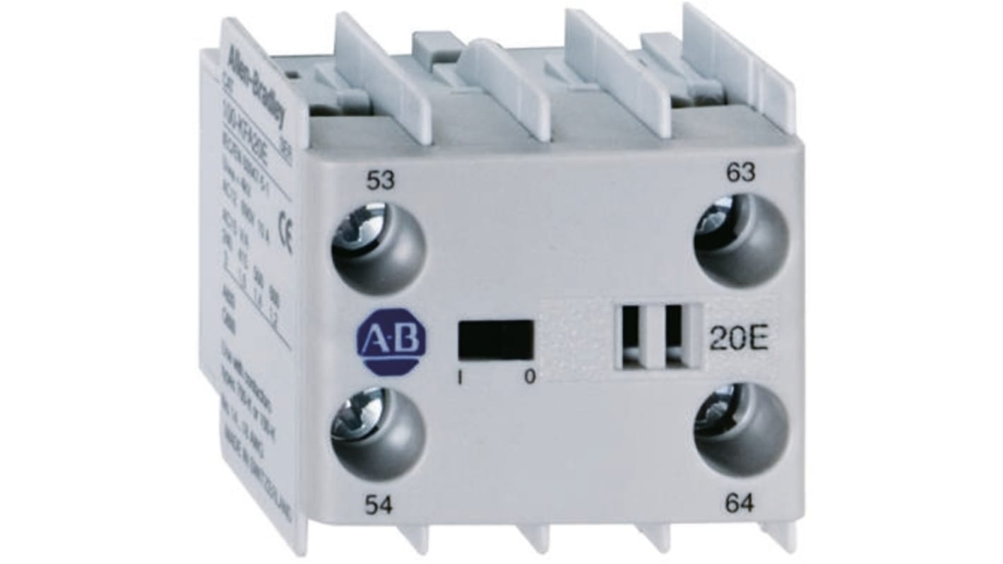 Blocco di contatti ausiliari Allen Bradley 100-KFC02, 2 N/C, montaggio a innesto. Capacità nominale di 12 A, contatti a biforcazione ad alta integrità. Ideale per segnali di controllo fino a 15 V/2 mA.