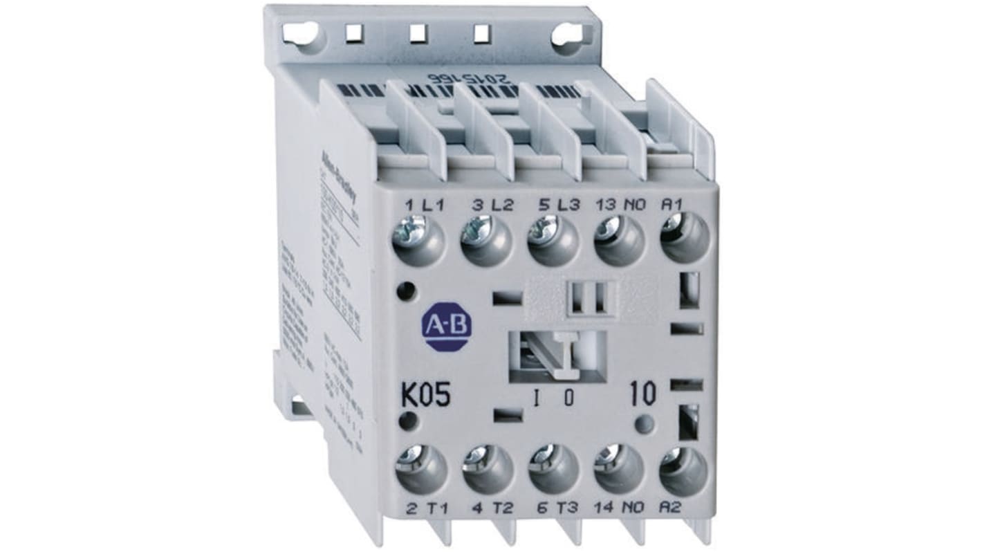 Contattore miniaturizzato Allen Bradley 100-K05KF01, 3 poli, 3 NA, 5A, 2,2kW, 230V c.a. per sistemi industriali e commerciali leggeri.