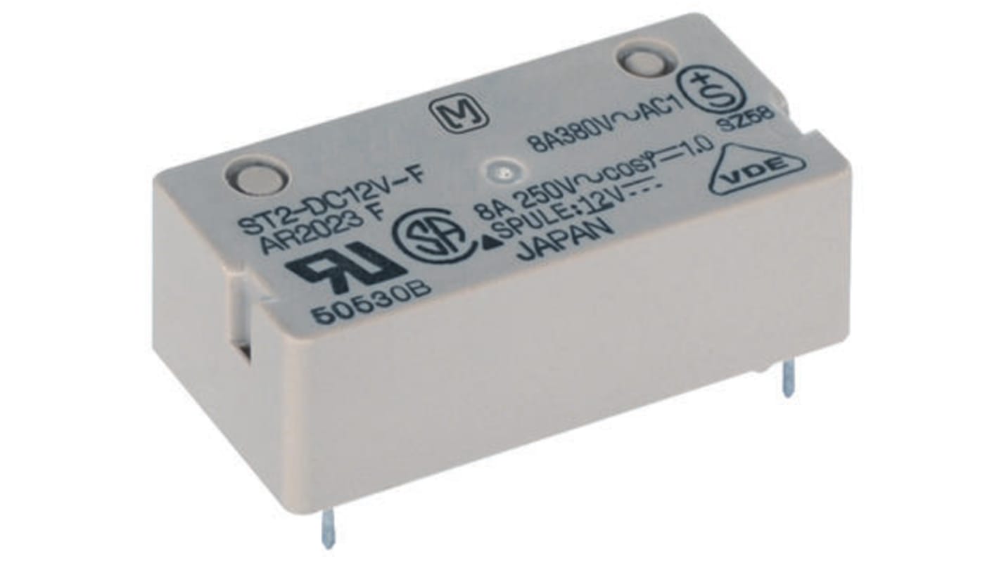 Relè di potenza Panasonic ST1-DC5V-F SPST, montaggio su PCB, 5V cc, dimensioni 11 x 14 x 31 mm, corrente 8A, vita 100000 operazioni.