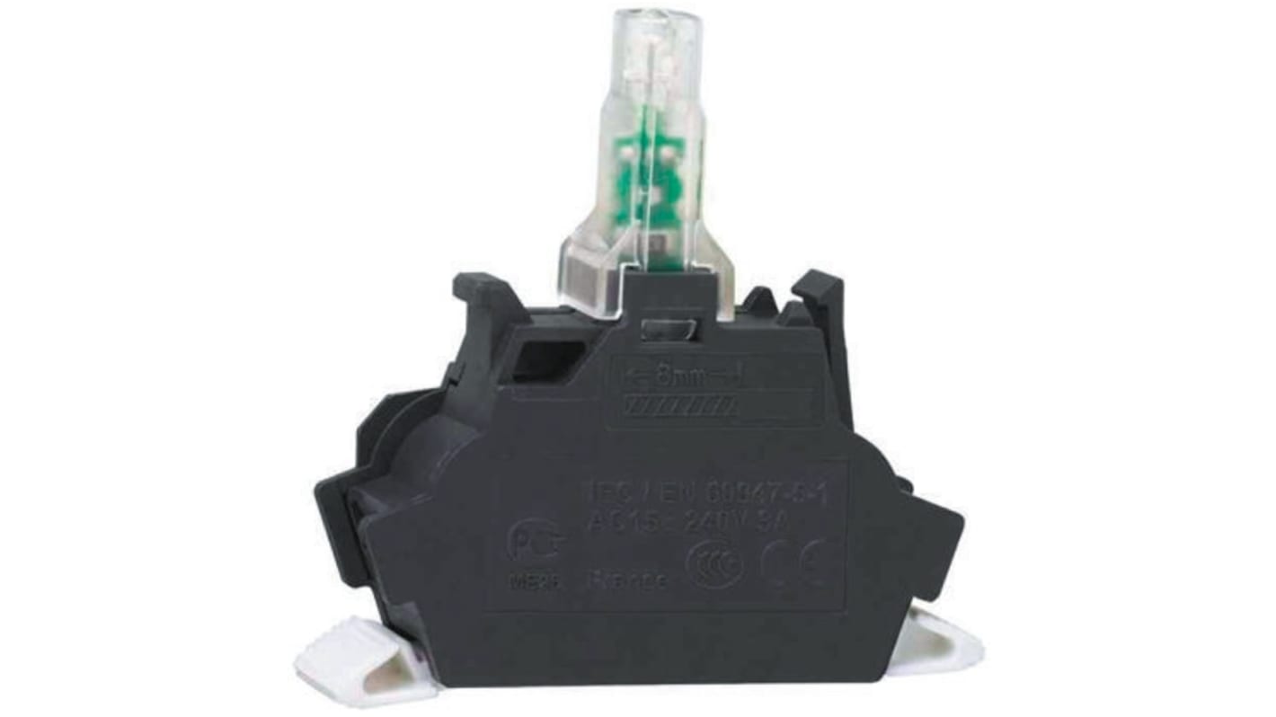 Blocco contatti luminoso LED bianco Schneider Electric ZBVG15, tensione 110-120V, design a leva singola, compatibile con fili 1 x 24 AWG a 2 x 14 AWG.