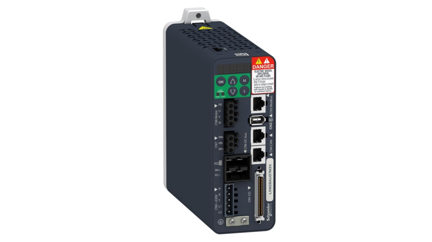 Servocomando Schneider Electric LXM28AU01M3X, 100 W, 220 V, con feedback encoder e interfaccia CANopen. Dimensioni 150x55x146 mm.