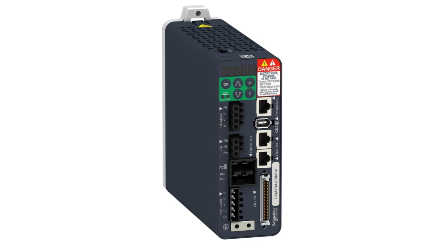Servocomando Schneider Electric LXM28AU10M3X, 1 kW, 220 V, con feedback encoder e interfaccia CANopen. Dimensioni 150x55x177 mm.