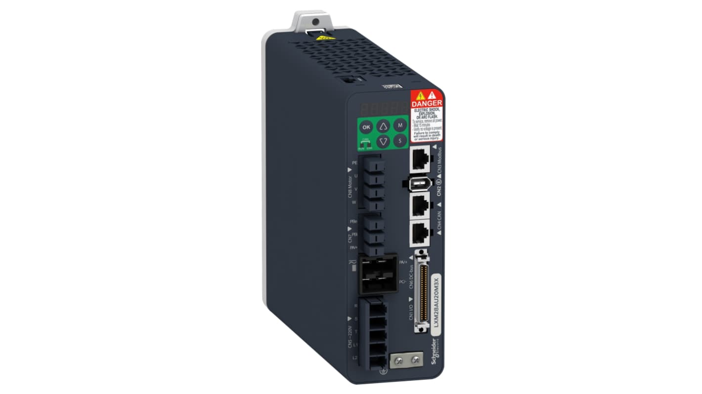 Servomeccanismo Schneider Electric LXM28AU20M3X, 3 fasi, 2 kW, 220 V, con feedback encoder e interfaccia CANopen. Dimensioni 170x62x184 mm.