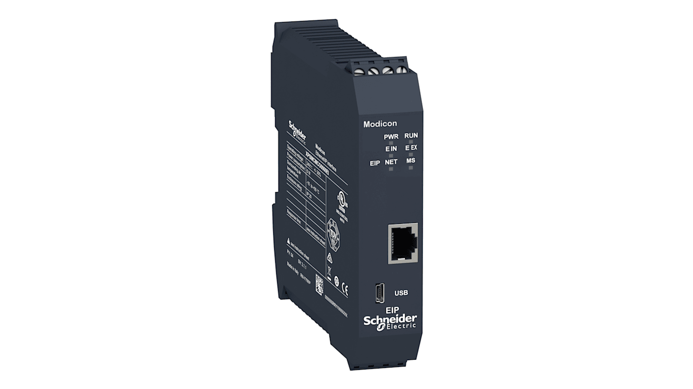Modulo di comunicazione Schneider Electric XPSMCMCO0000EI, 24 V c.c., montaggio su guida DIN, dimensioni 22,5 x 99 x 114,5 mm.