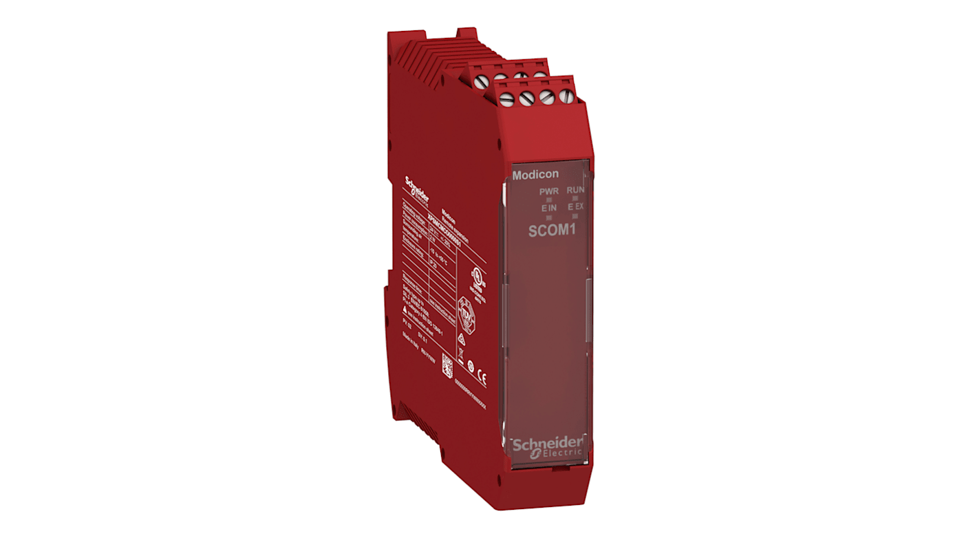 Modulo di comunicazione Schneider Electric XPSMCMCO0000S1 per controller di sicurezza, montaggio su guida DIN, dimensioni 22,5 x 99 x 114,5 mm.