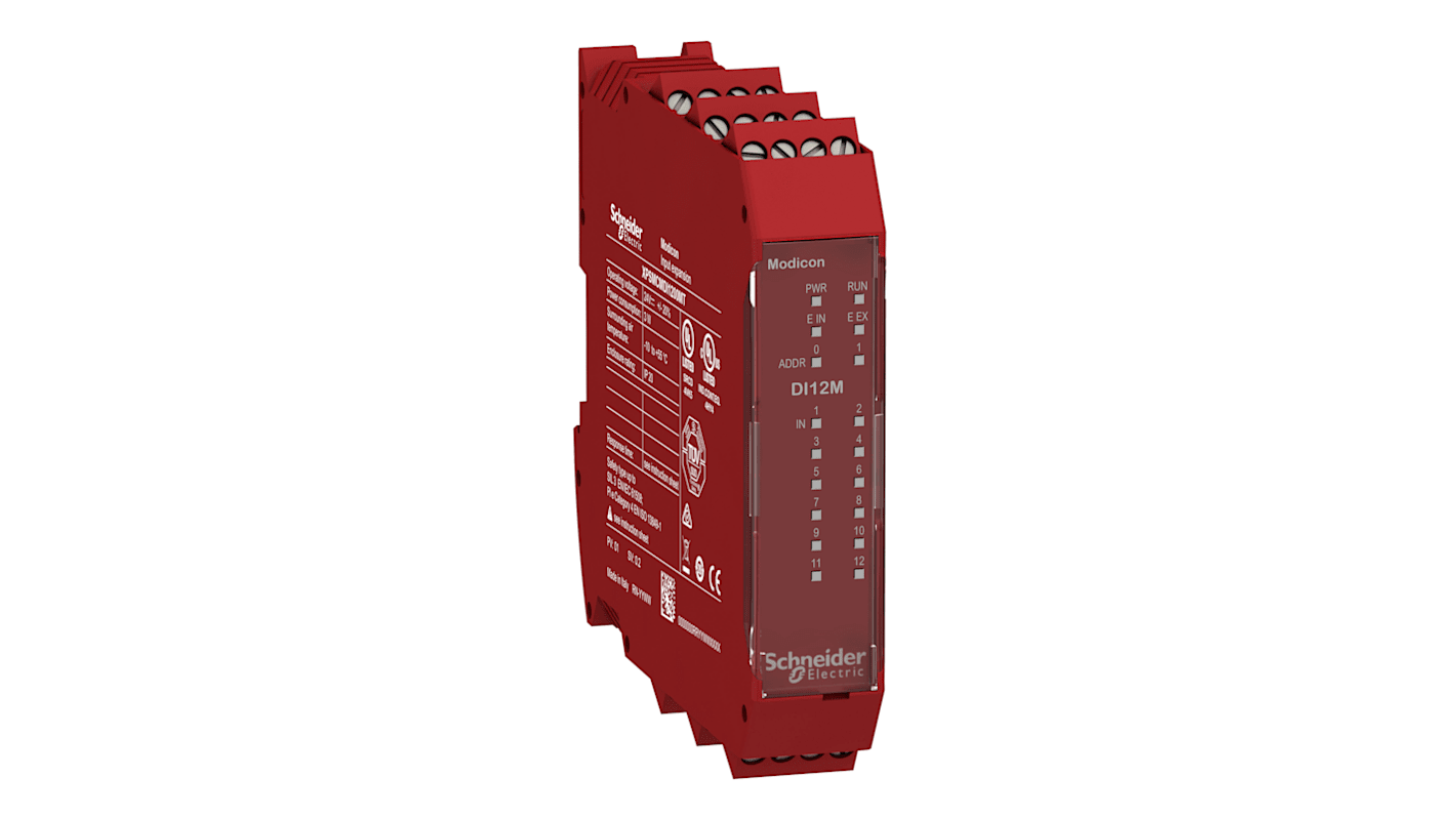 Modulo di ingresso Schneider Electric XPSMCMDI1200MT, 24 V c.c., 12 ingressi digitali, montaggio su guida DIN, dimensioni 22,5 x 99 x 114,5 mm.