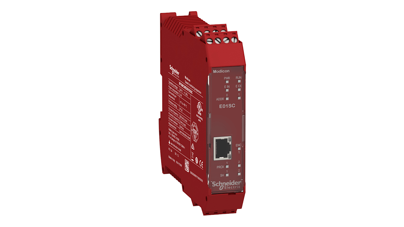 Modulo di monitoraggio Schneider Electric XPSMCMEN0100SC, 24 V c.c., montaggio su guida DIN, dimensioni 22,5 x 99 x 114,5 mm.