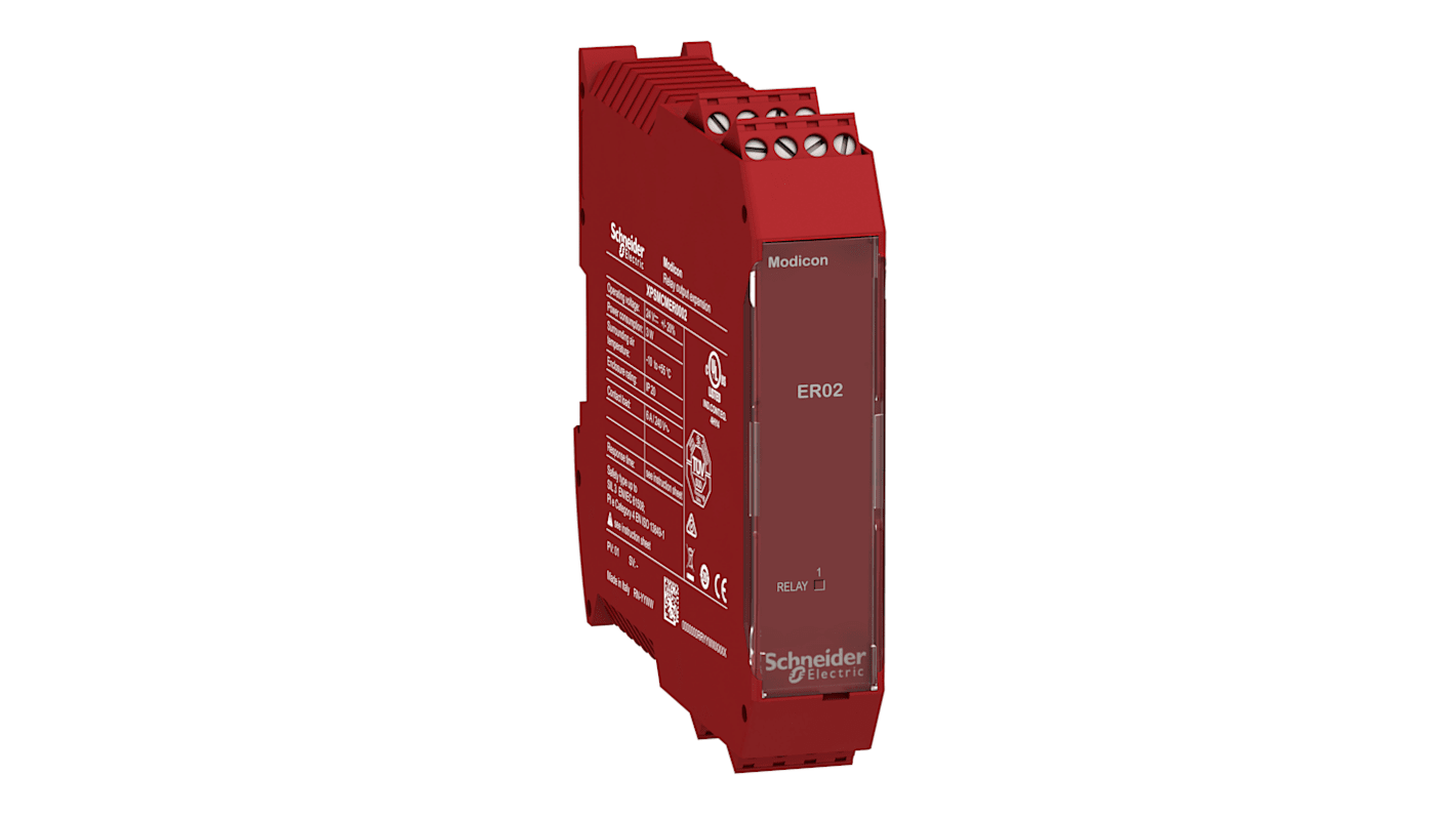 Modulo d'uscita relè di sicurezza Schneider Electric XPSMCMER0002, 24 V c.c., 2 uscite, montaggio su guida DIN, dimensioni 22,5 x 99 x 114,5 mm.