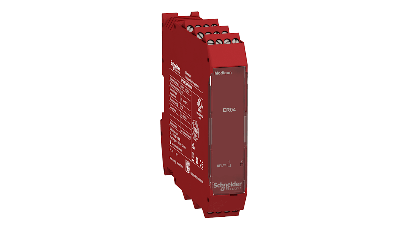 Modulo d'uscita relè di sicurezza Schneider Electric XPSMCMER0004, 24 V c.c., 2 ingressi, 4 uscite, dimensioni 22,5 x 99 x 114,5 mm.