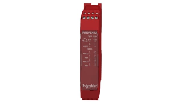 Modulo d'uscita relè di sicurezza Schneider Electric XPSMCMRO0004, 24 V c.c., 4 ingressi/uscite, montaggio su guida DIN, dimensioni 22,5 x 99 x 114,5 mm.