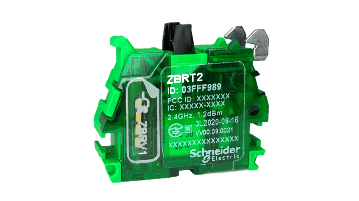 Trasmettitore a pulsante Schneider Electric ZBRT2, invia segnali radio alla pressione e al rilascio del pulsante.