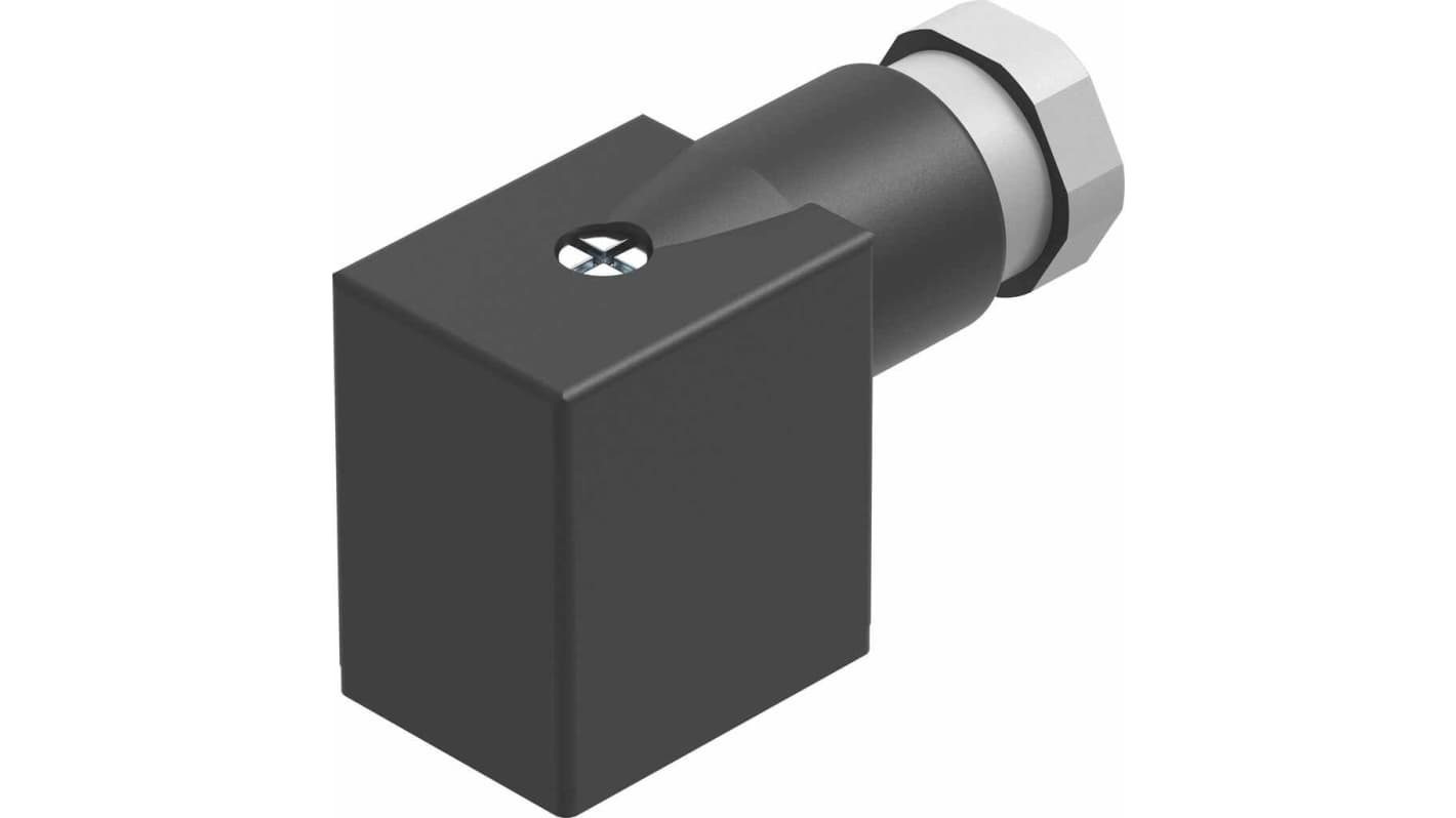 Connettore solenoide femmina Festo MSSD-F, 3 pin, conforme a DIN 43650 B, montaggio a vite, protezione IP65, per valvole e bobine.