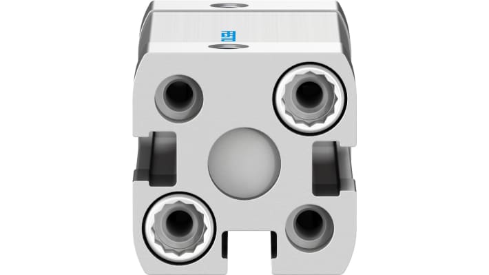 Cilindro pneumatico Festo ADN-12-25-I-P-A, doppio effetto, foro 12mm, corsa 25mm, montaggio orizzontale o verticale. Dimensioni 27,5 x 27,5 x 64,2 mm.