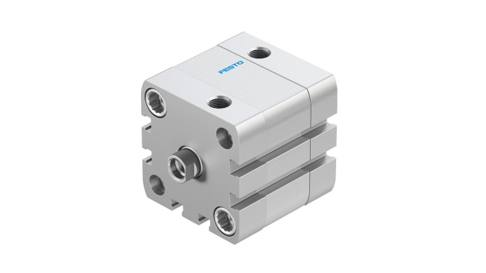 Cilindro pneumatico Festo ADN-40-10-I-P-A, doppio effetto, foro 40 mm, corsa 10 mm, montaggio diretto, dimensioni 54.5 x 54.5 x 61.1 mm.