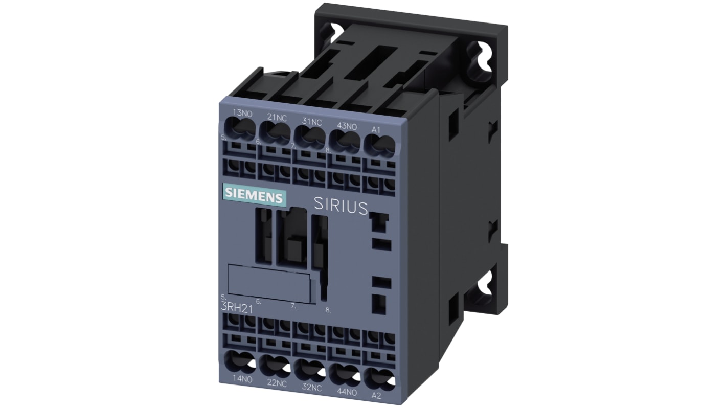 Contattore Siemens 3RH2122-2AP00, 2 NO + 2 NC, 10 A, montaggio su guida DIN, dimensioni 73 x 45 x 69.5 mm.