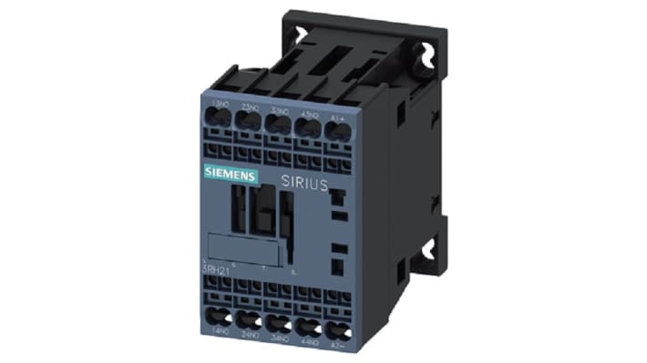 Relè contattore Siemens 3RH2140-2BB40 4NO 10A 24V c.c. Serie 3RH2 per protezione motori e circuiti. Ampia temperatura operativa, montaggio su guida DIN.