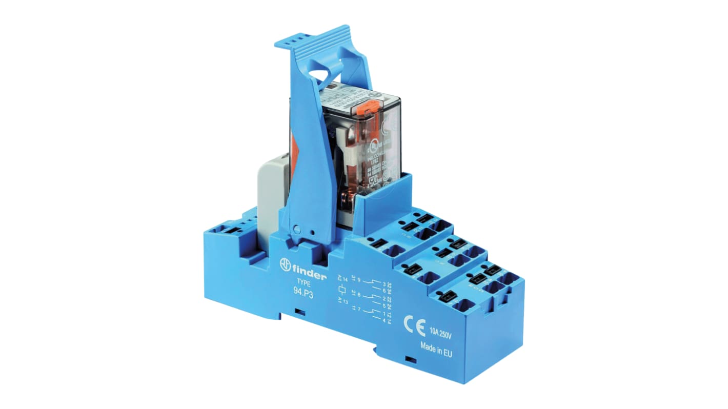 Finder 58.P3.8.110.0060SMA, relè d'interfaccia 3PDT per guida DIN, tensione bobina 110V, corrente 10A, dimensioni 31 x 86.3 x 95.5 mm.