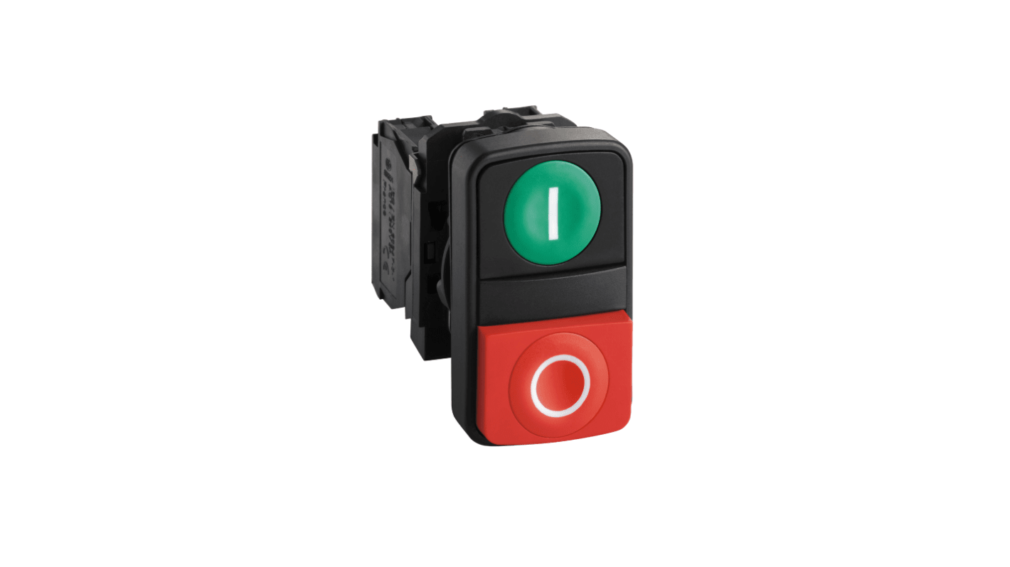 Pulsante Schneider Electric XB5, montaggio a pannello, rettangolare, contatti NA e NC, diametro 22mm, colore verde e rosso.