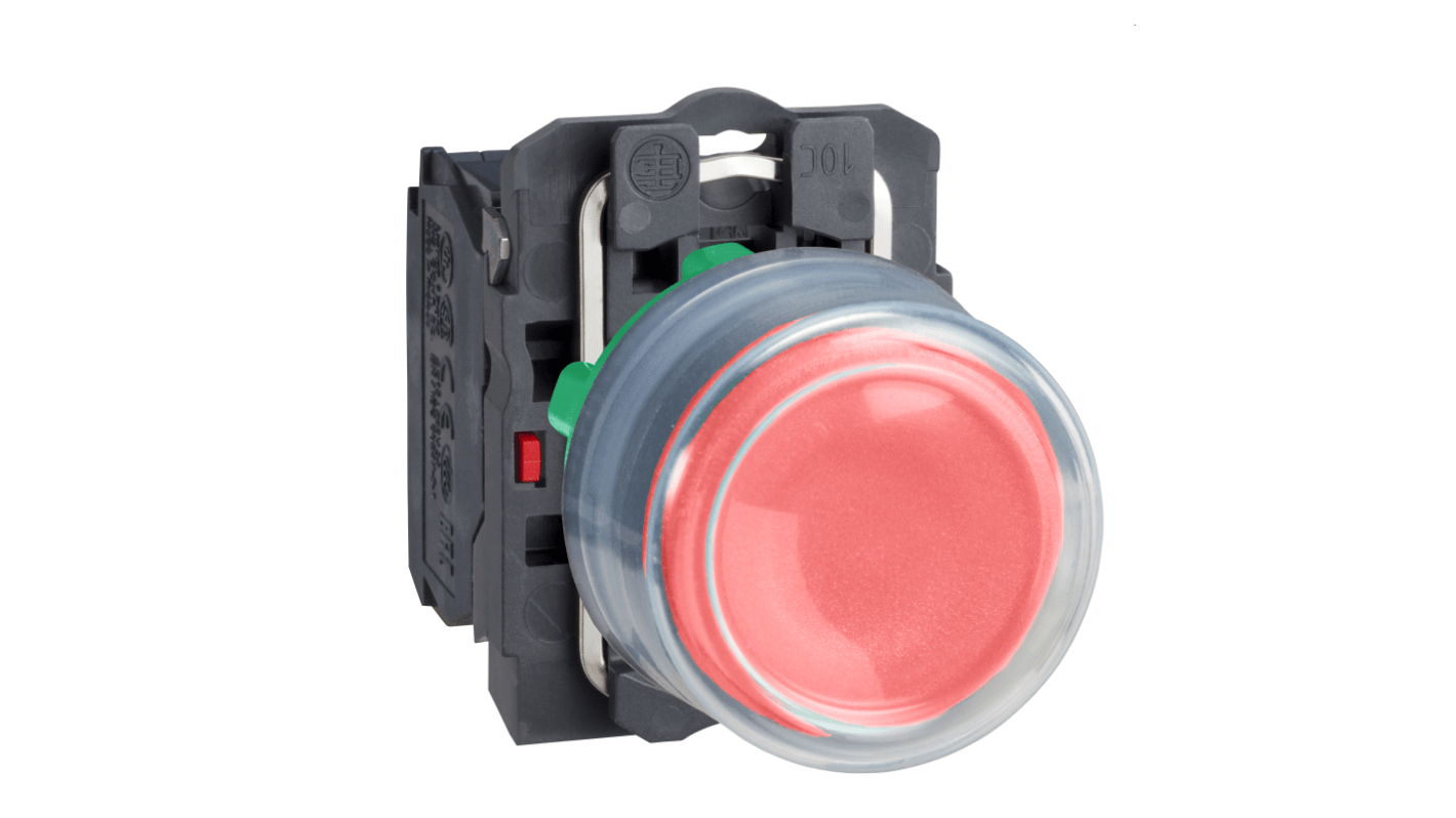 Pulsante SPST rosso Schneider Electric XB5AP42 per montaggio a pannello, grado di protezione IP66/IP67, diametro 22mm.
