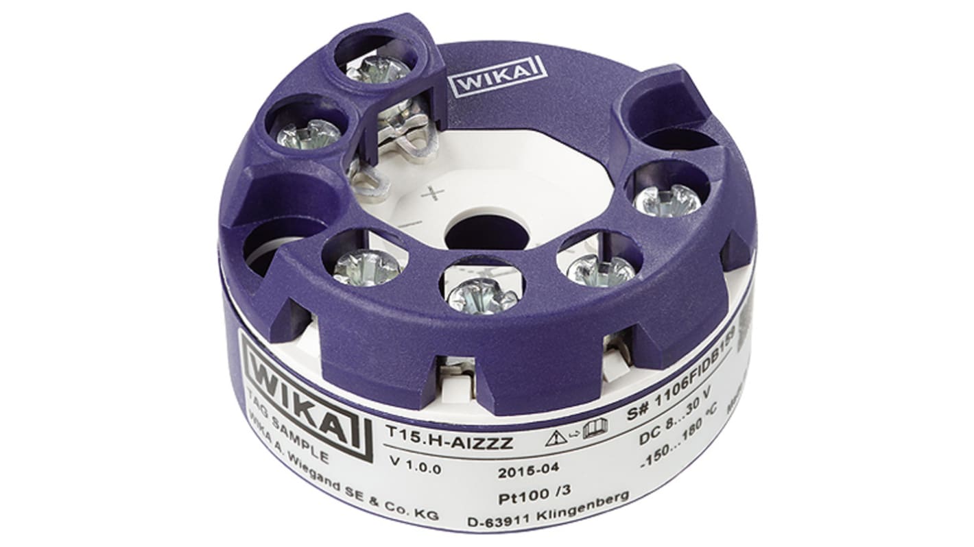 Trasmettitore di temperatura WIKA 46879562, ingresso PT100, gamma -40°C a +85°C, diametro 44 mm, profondità 22,5 mm.