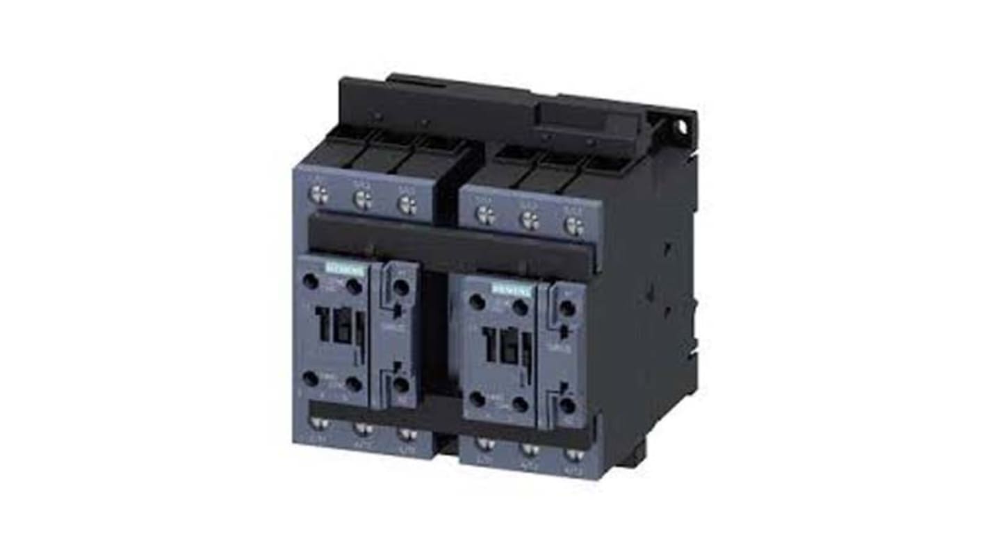 Contattore reversibile Siemens 3RA2335-8XB30-1AK6, 3 poli, 60 A, 18,5 kW, montaggio su guida TH 35, dimensioni 120 x 129,8 x 140,6 mm.